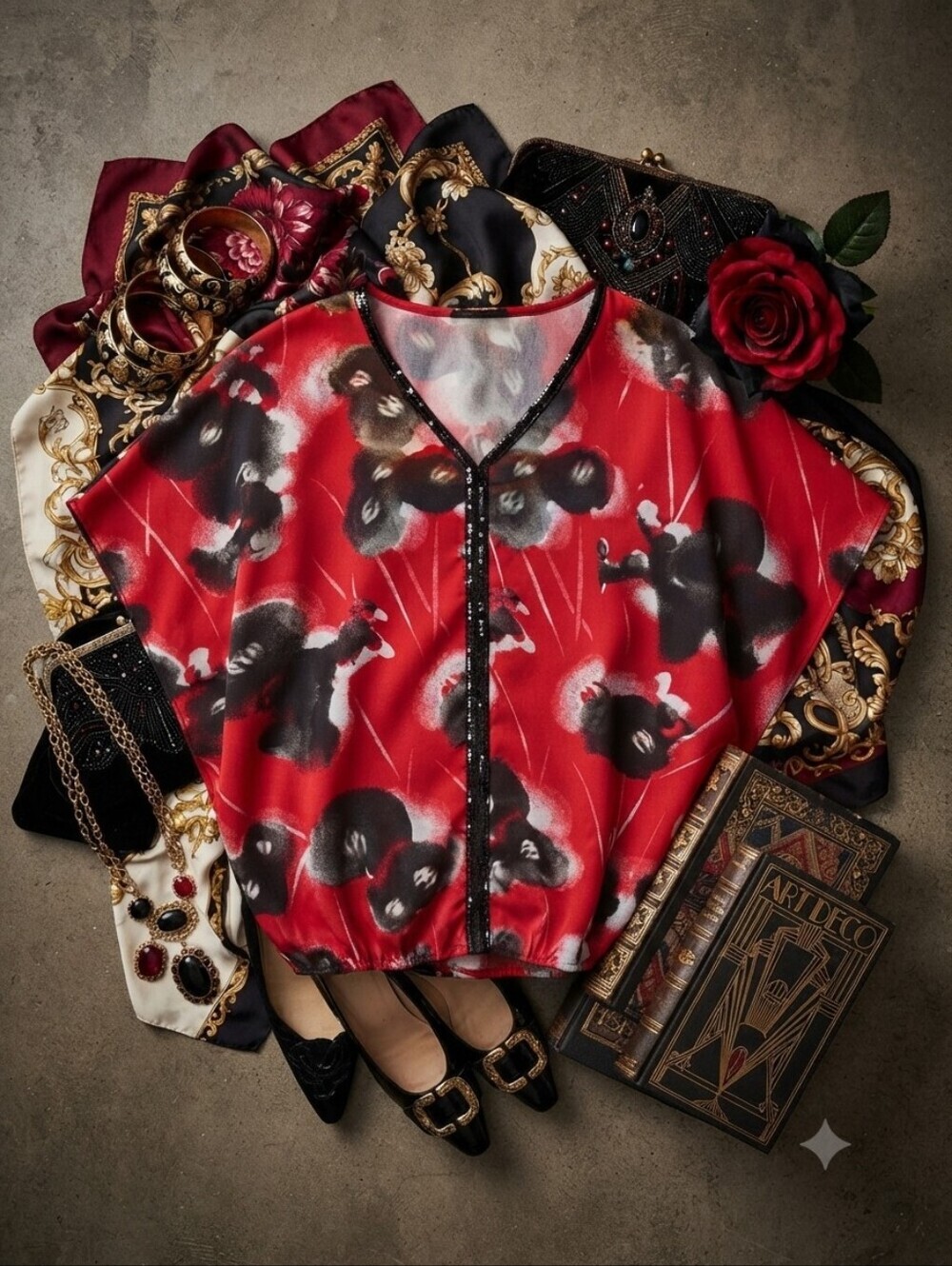 CATO Red Black Flowy Semi Sheer Blouse Top